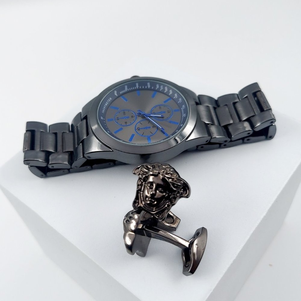New Gun Metal Black Watch and Medusa Cufflinks Storage Box Father's Day Gift Set